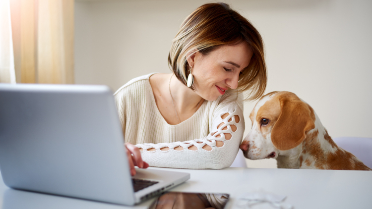 Frau schaut auf hund