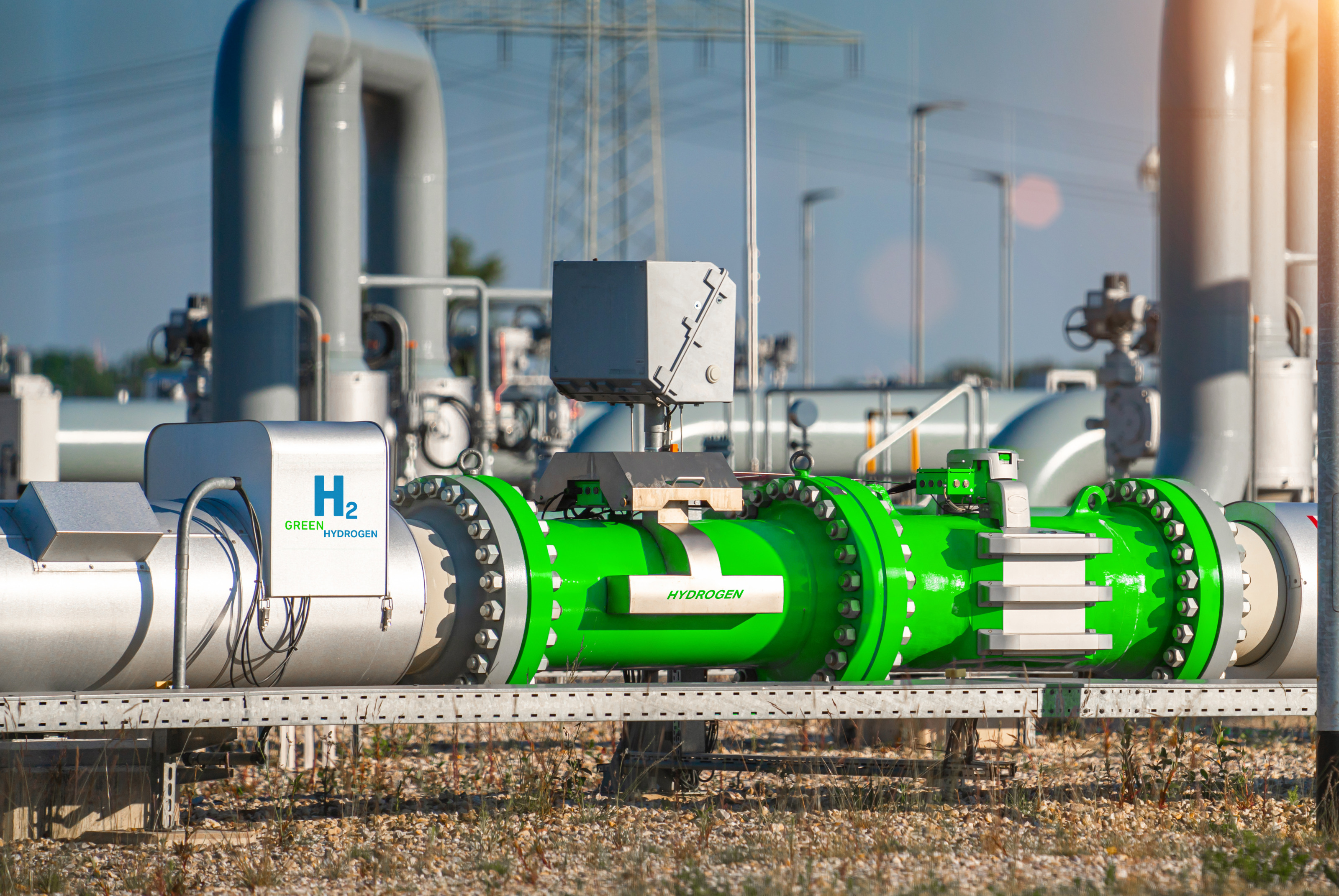 Pipielines in grau und grün mit der Beschriftung H2 green Hydrogen