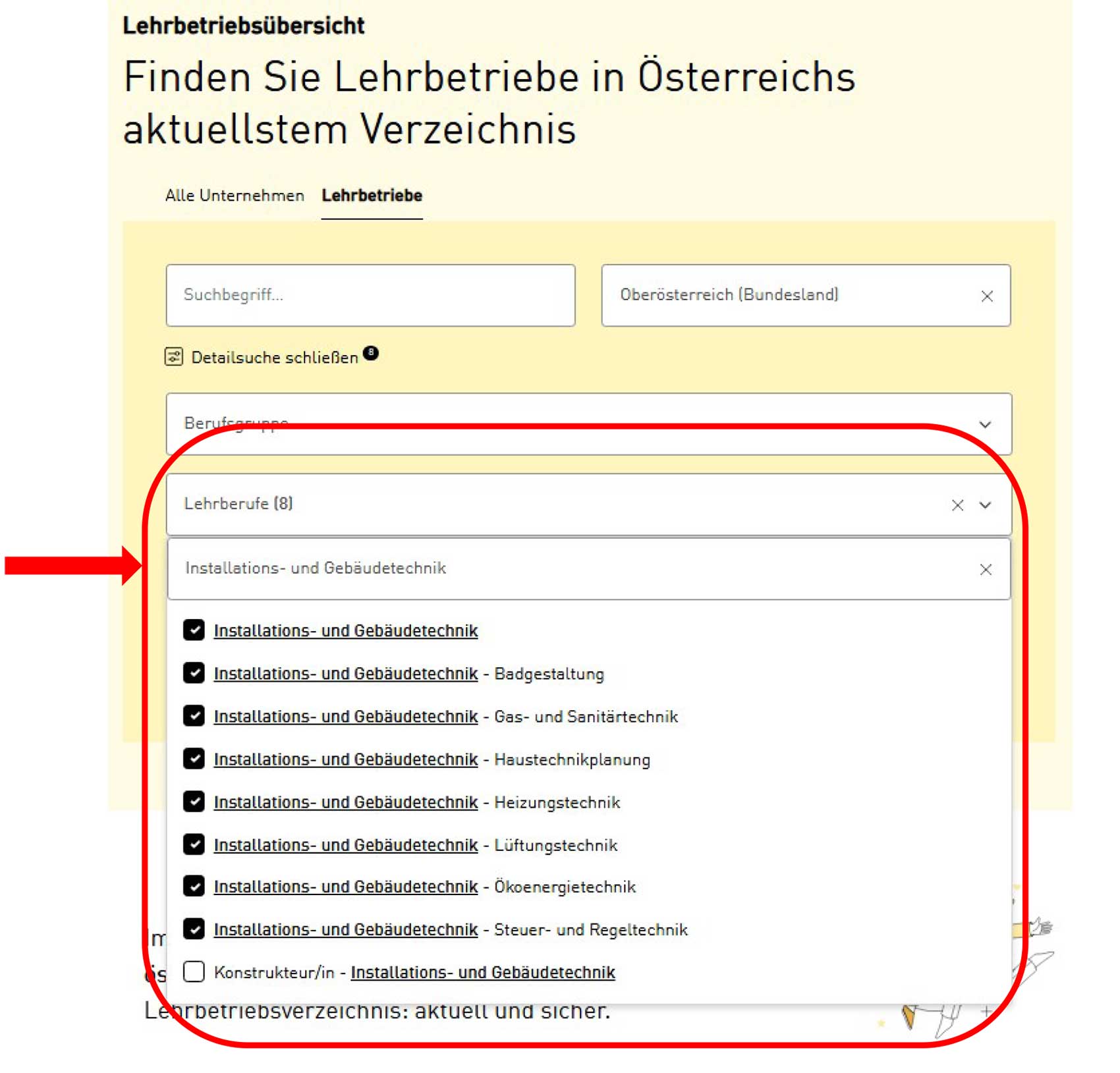 Eingabemaske der Lehrbetriebsübersicht Firmen A-Z